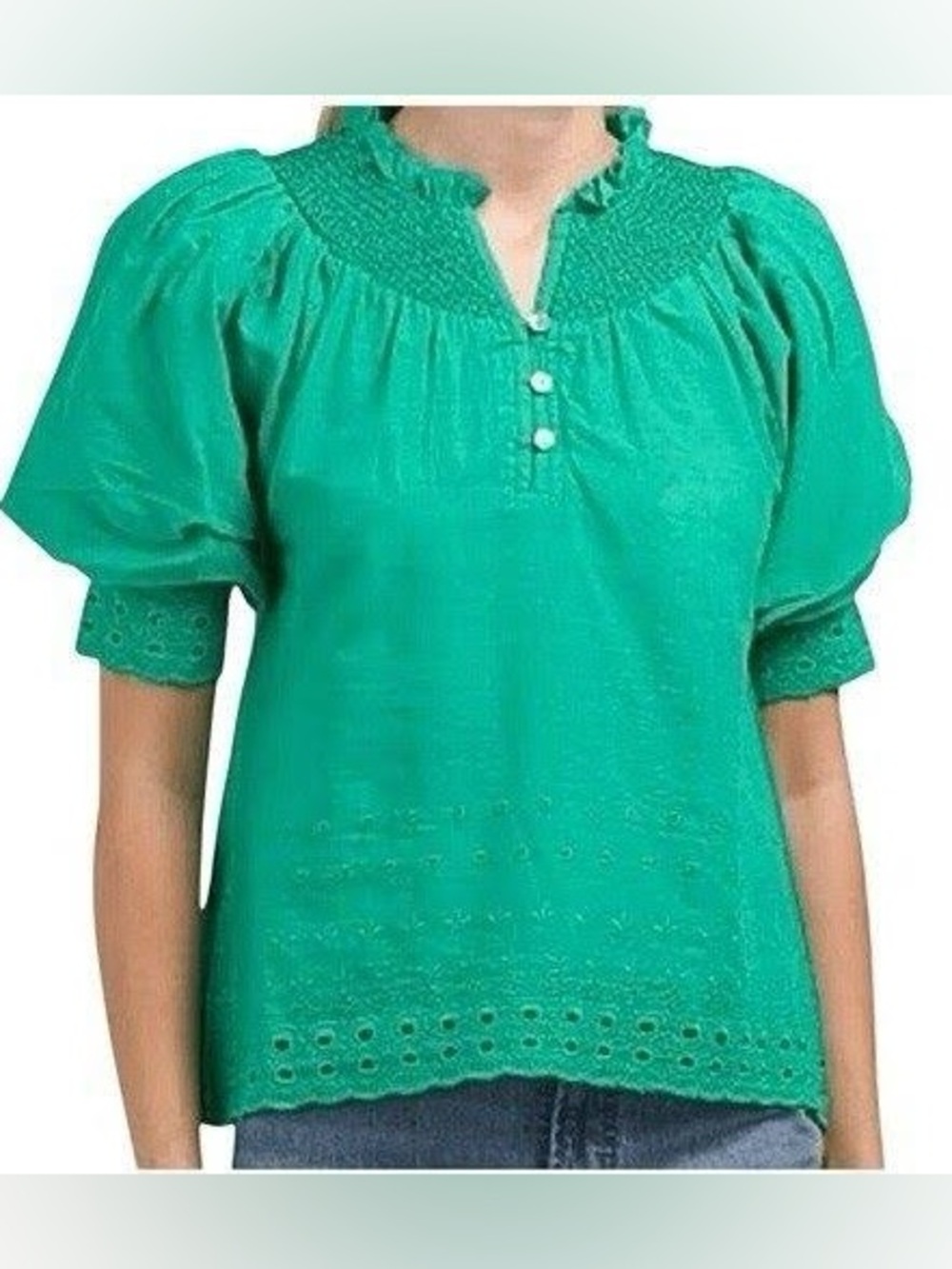 House of Harlow 1960 Emerald Green Smocked Cotton Eyelet Puff Sleeve Blouse Sz L
